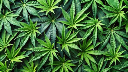 A dense pattern of vibrant green cannabis leaves creates a natural texture