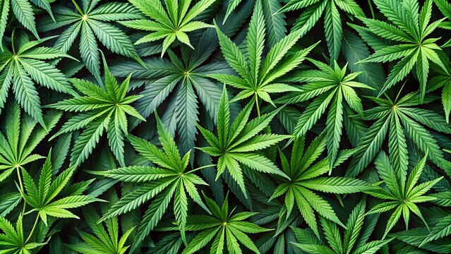 A dense pattern of vibrant green cannabis leaves creates a natural texture