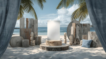 Tropical beach wedding altar with palm trees and ocean view