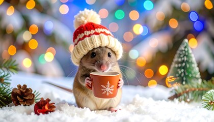 Festive mouse with a cup of hot chocolate