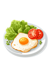 a plate of breakfast with a fried egg, lettuce, and tomato on the side, in a cute cartoon style, vector illustration