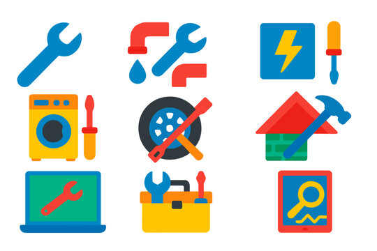 Vibrant Repair Icons. Flat vector icons of repair services: wrench icon, plumbing repair, electrical maintenance, appliance fixing