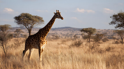 Obraz premium Majestic Giraffe Gracefull Roaming the Sunlit Savannh: A Glimpse into the Unditurbed Beauty of Africa's conic Wildlife Habitat