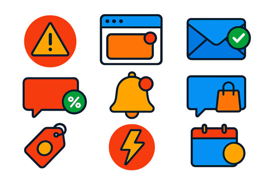 Colorful Marketing Icons. Flat vector icons of marketing notifications: sale alert icon, promo popup, newsletter alert, discount