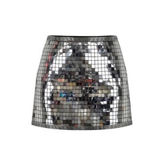 A stylish skirt featuring a unique mosaic design with a shimmering, reflective surface.