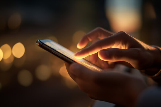 Hands use a glowing smartphone at night against a blurry bokeh background. Symbolizes digital connection, technology, communication, and modern-day life.

