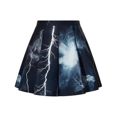 Stylish pleated skirt featuring a striking lightning and cloud design in dark tones.