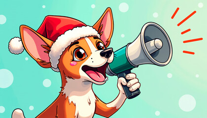 A cheerful dog in a Santa hat with a megaphone in his paw announces Christmas discounts.