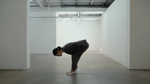A person in a gray suit bending forward in a minimalist gallery space with white walls and open floor