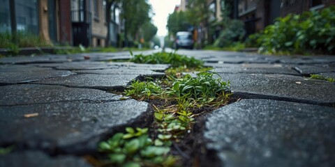 A rain-soaked street with cracks, showcasing resilient greenery pushing through the pavement, indicating nature's reclaiming of urban space.