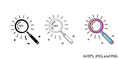 Magnifying glass search icon collection for seo and website discovery vector