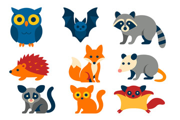Nocturnal Animal Icons. Flat vector icons of nocturnal animals: owl, bat, raccoon, hedgehog, fox, possum, sugar glider, bushbaby,