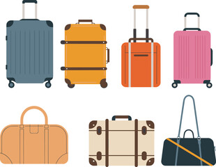 Travel luggage vector illustration with modern rolling suitcases, vintage trunks, duffel bags, tourism and vacation accessories, holiday trip essentials, journey and travel design