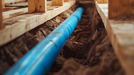 Construction site with a blue pipe in the trench, framed by wooden supports and earth. Infrastructure under construction, building foundation.