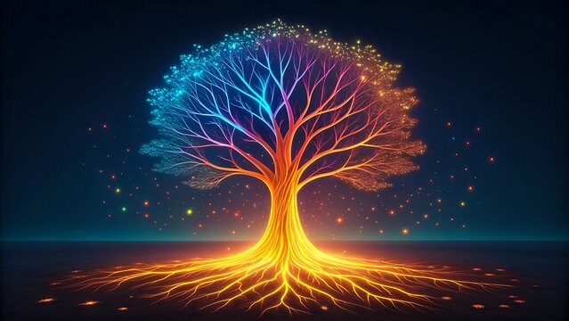Glowing fantasy tree of life with colorful branches and roots on dark magical background

