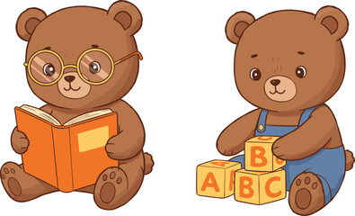 Cute cartoon bears reading book and playing with ABC blocks, educational animal vector illustration, children learning concept, preschool study, school design