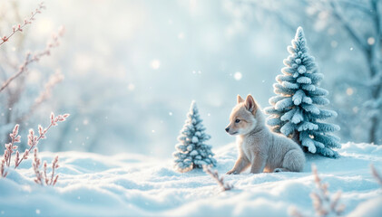 Cute cartoon animals against the backdrop of a fairytale Christmas forest. Fairytale atmosphere of New Year and Christmas.