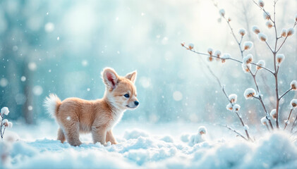 Cute cartoon animals against the backdrop of a fairytale Christmas forest. Fairytale atmosphere of New Year and Christmas.