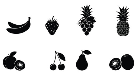 Black and white illustration featuring several different types of fruit