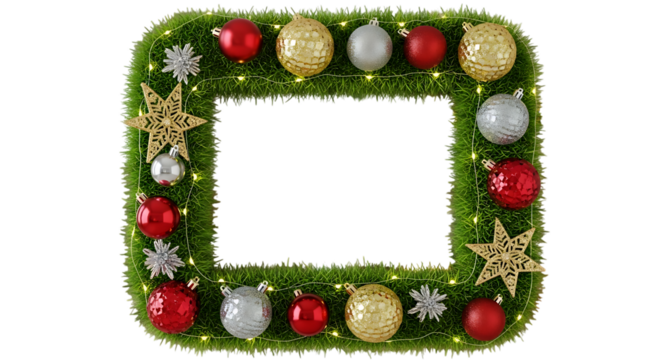 A christmas frame isolated on transparent background is decorated with ornaments and light