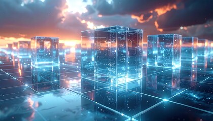 Futuristic cityscape of translucent cubes