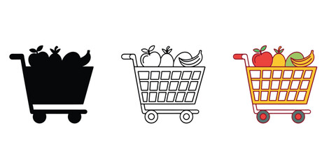 Shopping cart icon set featuring filled and outline groceries purchase icons vector