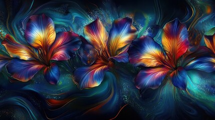 Stylized floral illustration deep blues and rich golds abstract background