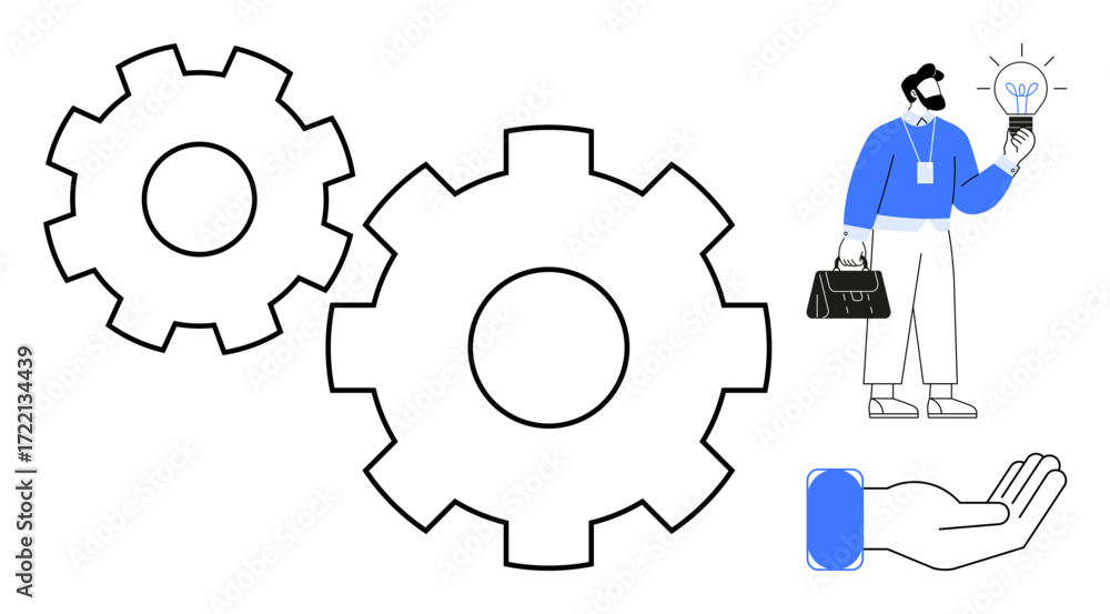 Aufkleber gears in motion symbolizing processes, man holding a lightbulb representing innovation, and an open 