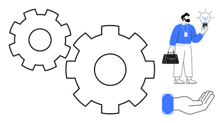 Gears in motion symbolizing processes, man holding a lightbulb representing innovation, and an open hand for support. Ideal for strategy, teamwork, innovation, creativity, problem-solving