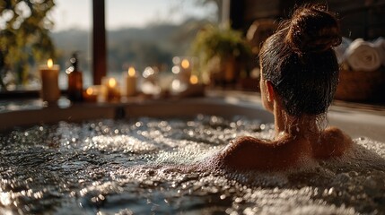   A woman relaxes in a hot tub surrounded by flickering candles