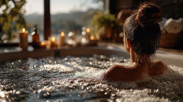   A woman relaxes in a hot tub surrounded by flickering candles