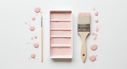 Two paintbrushes and a paint tray filled with pink paint and scattered droplets isolated on white background