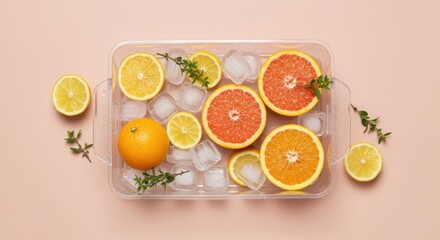 Refreshing citrus fruits and ice cubes in a tray with fresh herbs isolated on white background