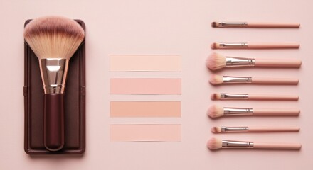 A collection of makeup brushes and color swatches arranged neatly on a clean white background isolated on white background