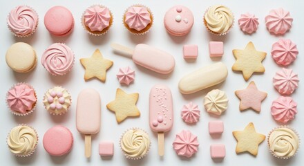 Assortment of pink and cream colored sweets and cookies isolated on white background