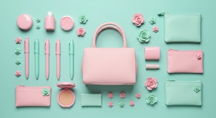 A collection of pastel pink and mint green makeup and stationery items arranged aesthetically isolated on white background
