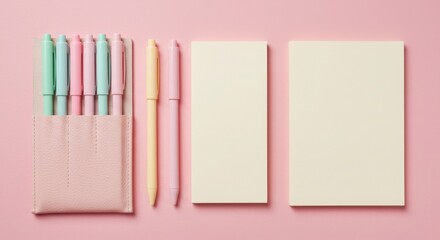 Pastel colored pens and notebooks arranged neatly isolated on white background