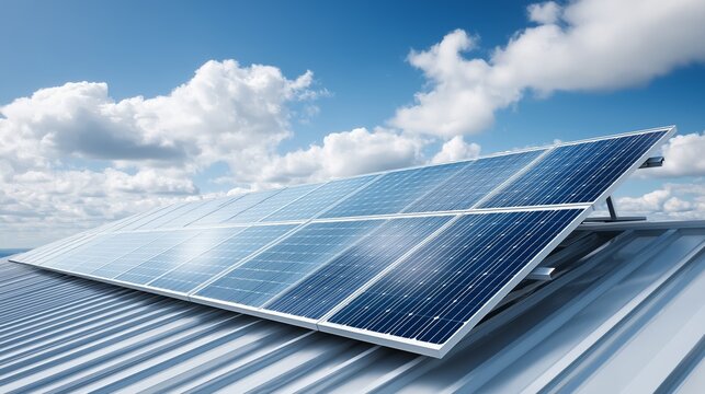 Rooftop solar panels under bright sky reflecting sunlight symbolizing renewable energy clean technology sustainable power and eco friendly electricity generation, Generative AI