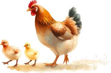 Fototapeta premium Watercolor vector illustration a hen with chickens.