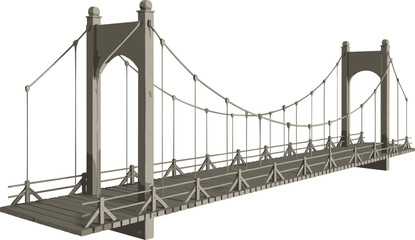 Suspension bridge vector illustration, dual tower design, parabolic cables, decorative railing, architectural structure, cartoon style, 3D model, infrastructure concept