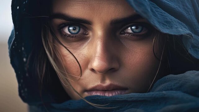 Close-up portrait of a beautiful young blue eyes woman in blue litham in the desert
