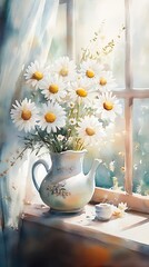 Bright Daisy Bouquet on a Cozy Windowsill Painting