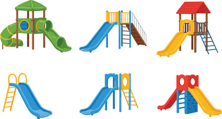 Playground slide vector set, colorful equipment collection, spiral and double slides, kids play structures, cartoon style, outdoor fun, recreation design