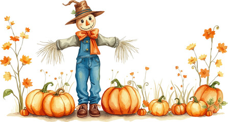 Watercolor vector illustration of a scarecrow.
