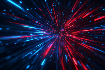 A dynamic explosion of neon lines and particles. An abstract background for a banner or wallpaper. Bright blue and red glowing rays spreading in all directions. Digital abstract art
