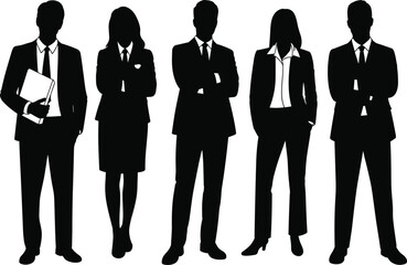 Business team silhouette, professional attire vector, corporate group illustration, confident posture, workplace diversity, office staff, black and white art