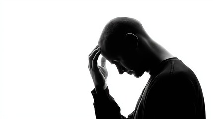 Silhouette of stressed man holding head in despair against white background symbolizing mental health depression anxiety loneliness and emotional struggle, Generative AI