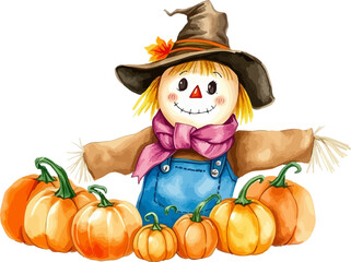Watercolor vector illustration of a scarecrow.