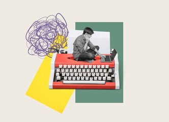 Composite collage of funny man and typewriter