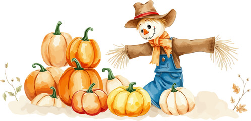 Watercolor vector illustration of a scarecrow.